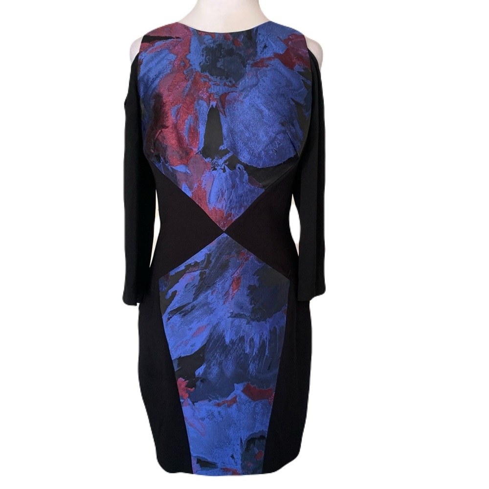 Theia Womens 6 Black Blue Burgundy Long Sleeve Cold Shoulder Jacquard Dress